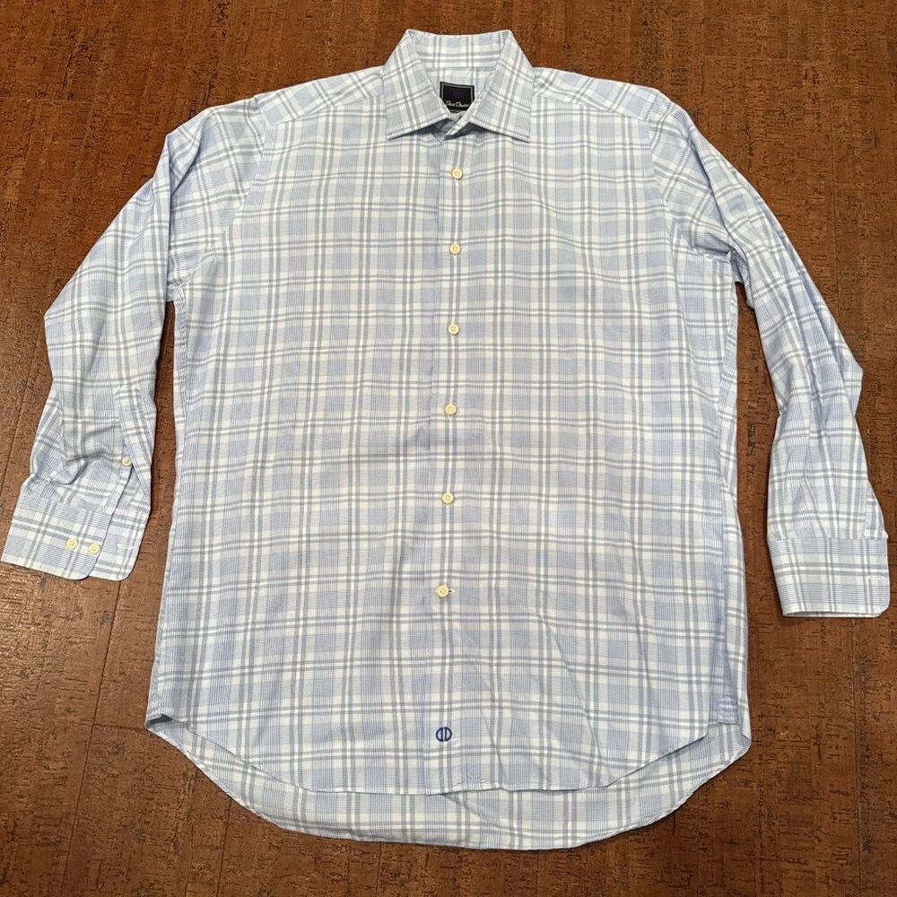 David Donahue Men’s 16.5 32/33 Long Sleeve TRIM Fit Blue White Plaid Dress Shirt